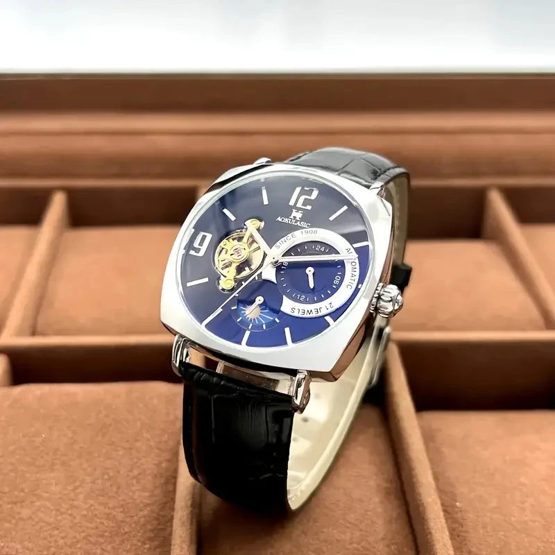 Elegant Men's Vintage Mechanical Watch with High Aesthetic Appeal - Skeleton Dial, Alloy Case, Leather Strap - Suitable for Business and Casual Wear, the Best Gift for Him, No Batteries Required