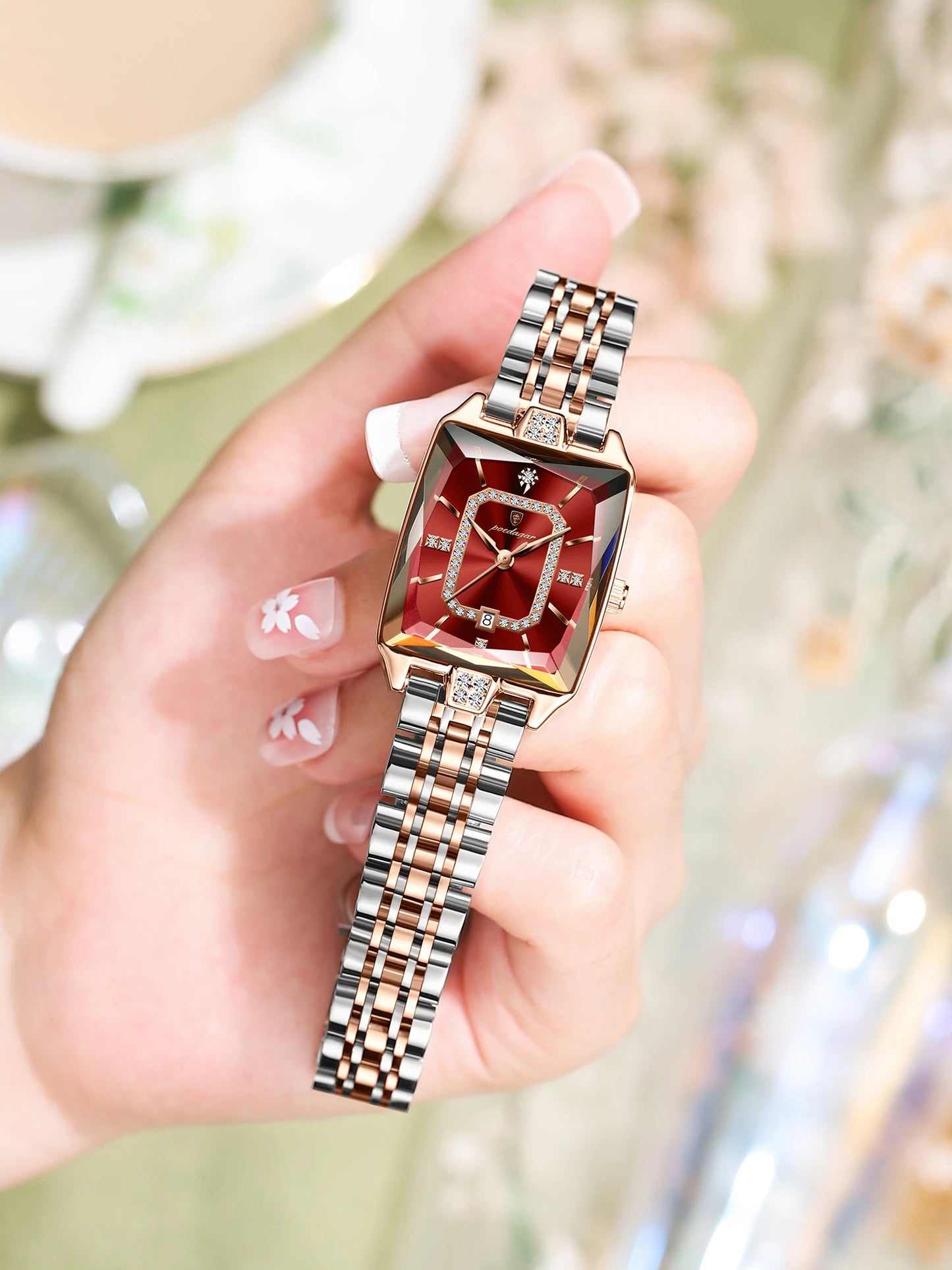 POEDAGAR Top luxury women's watch, waterproof stainless steel calendar, elegant and fashionable women's quartz square watch