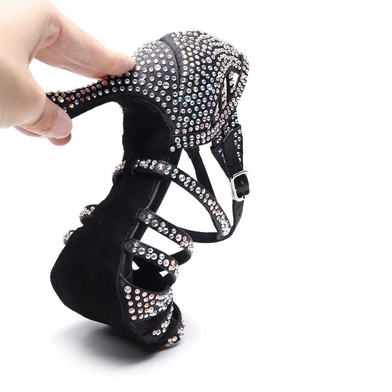 HROYL Ballroom Latin Dance Shoes Ladies Girls New Silk Satin Shiny Rhinestone Cuban High Heels Party Salsa Dance Shoes Women