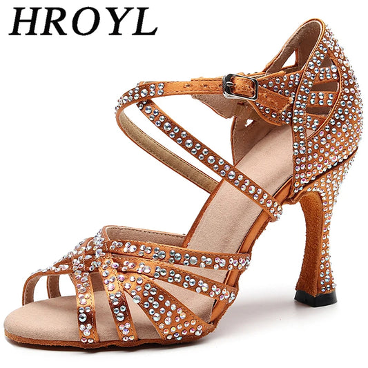 HROYL Ballroom Latin Dance Shoes Ladies Girls New Silk Satin Shiny Rhinestone Cuban High Heels Party Salsa Dance Shoes Women
