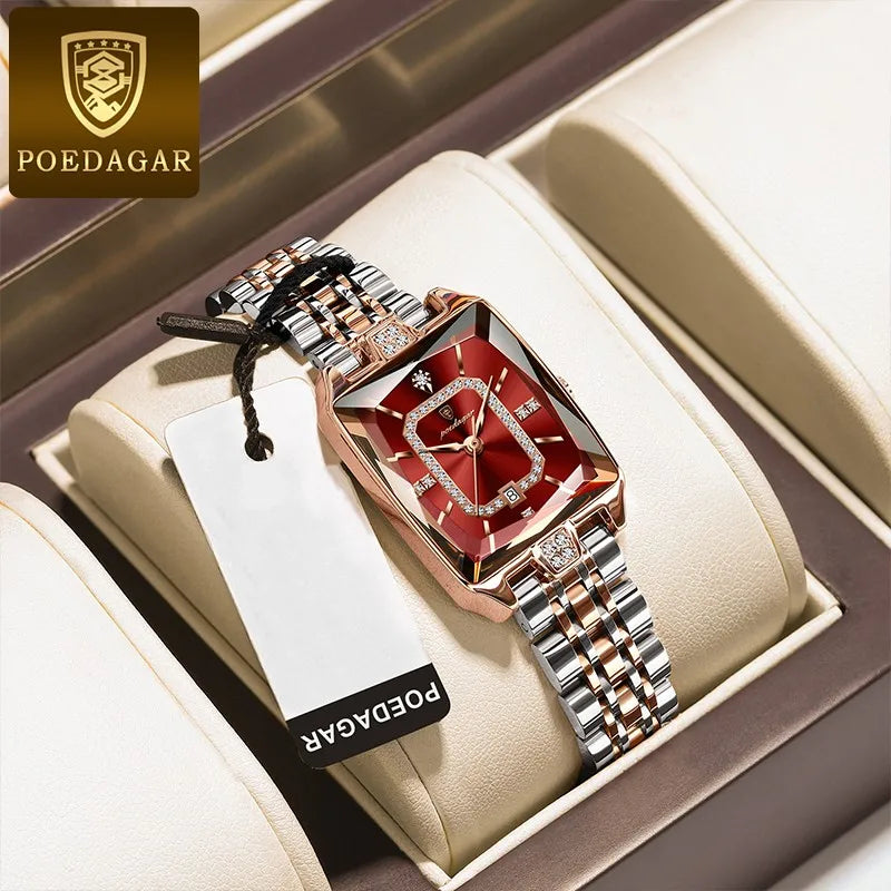POEDAGAR Top luxury women's watch, waterproof stainless steel calendar, elegant and fashionable women's quartz square watch