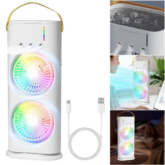 Portable Mini Fan 3-Holes Double Headed Spray USB powered/Rechargeable Mist for Home Office Outdoor Camping & Car Application