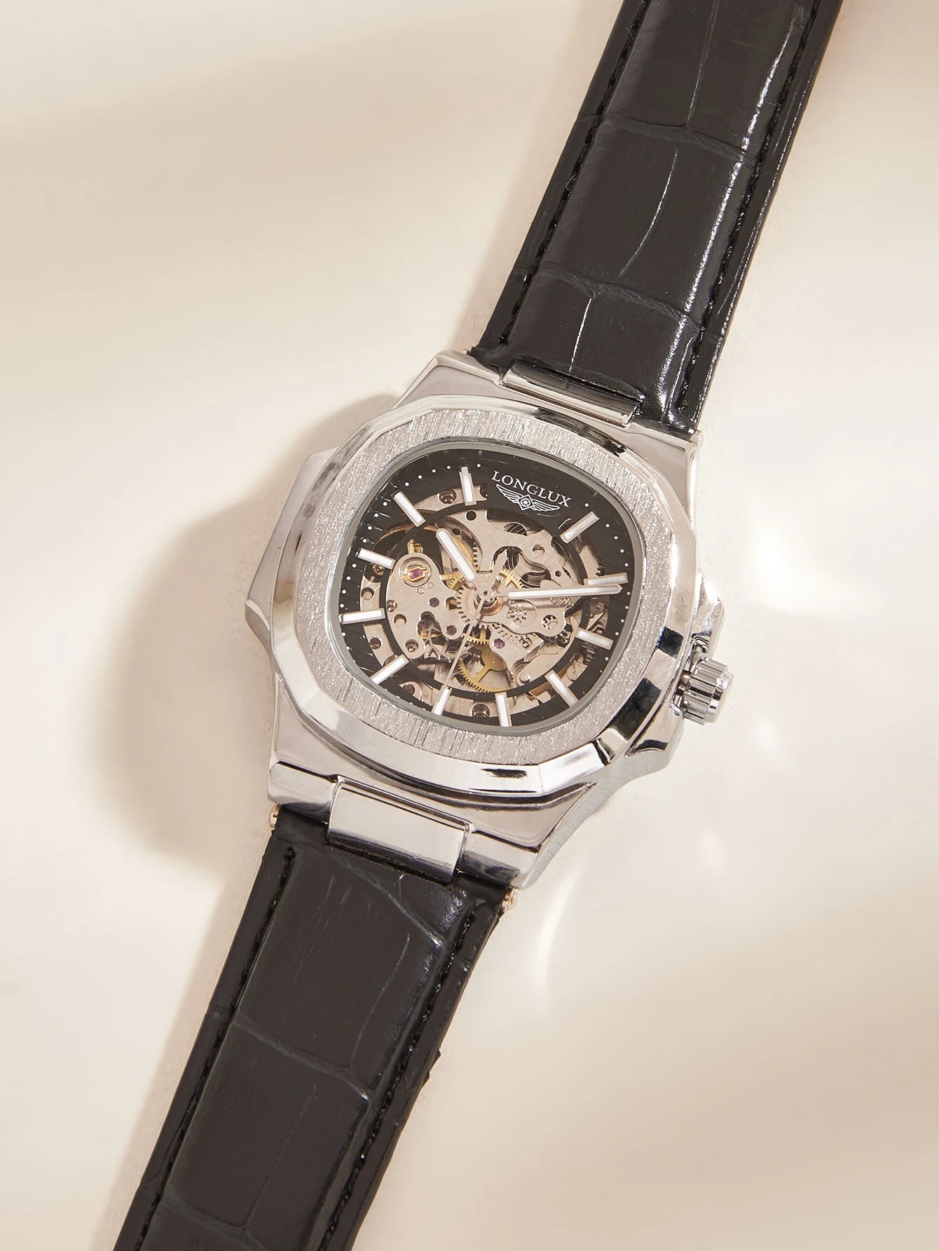 LONGLUX automatic mechanical watch outdoors simple luxury watches waterproof cheap wholesale skeleton leather mens watch gift