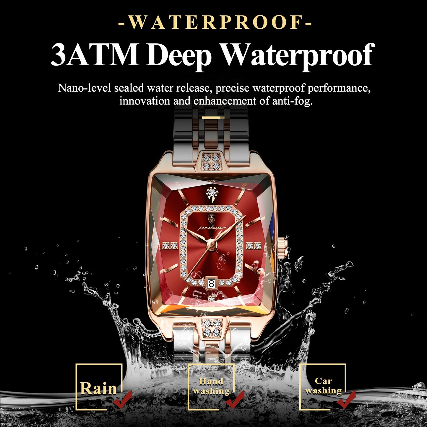 POEDAGAR Top luxury women's watch, waterproof stainless steel calendar, elegant and fashionable women's quartz square watch