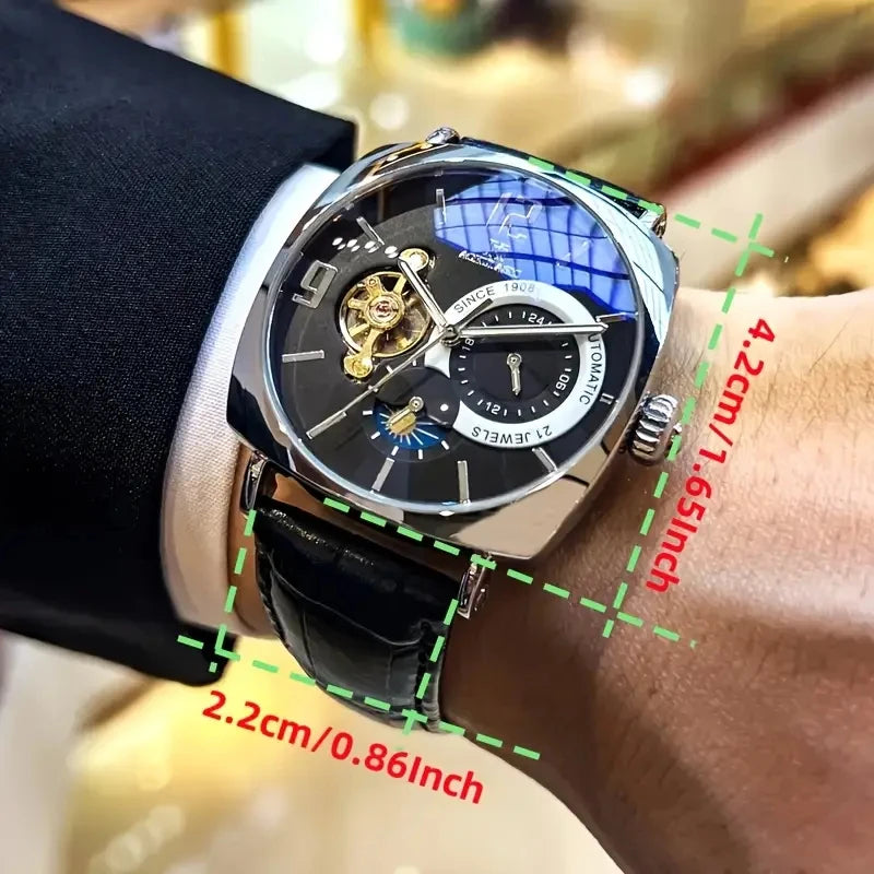 Elegant Men's Vintage Mechanical Watch with High Aesthetic Appeal - Skeleton Dial, Alloy Case, Leather Strap - Suitable for Business and Casual Wear, the Best Gift for Him, No Batteries Required
