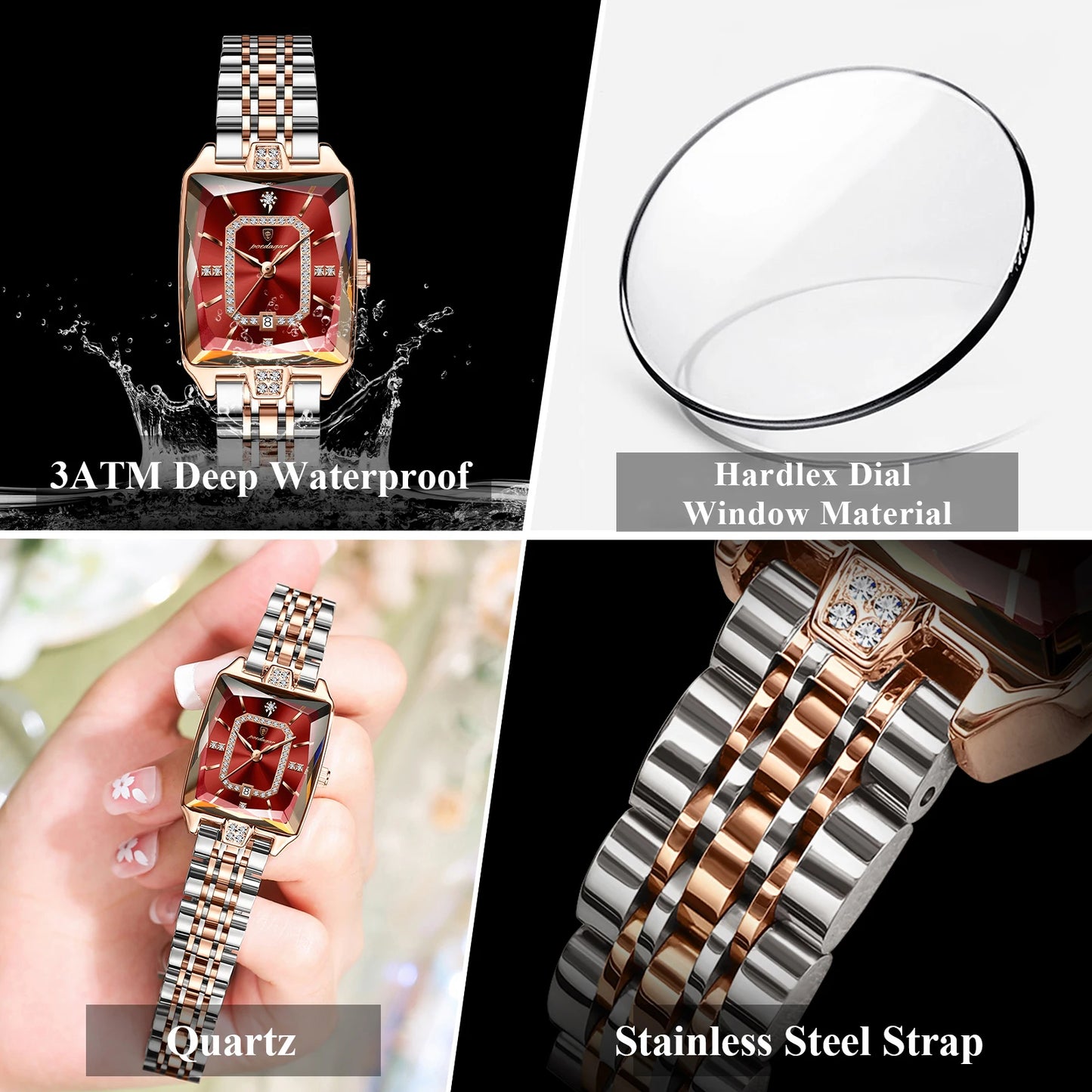 POEDAGAR Top luxury women's watch, waterproof stainless steel calendar, elegant and fashionable women's quartz square watch
