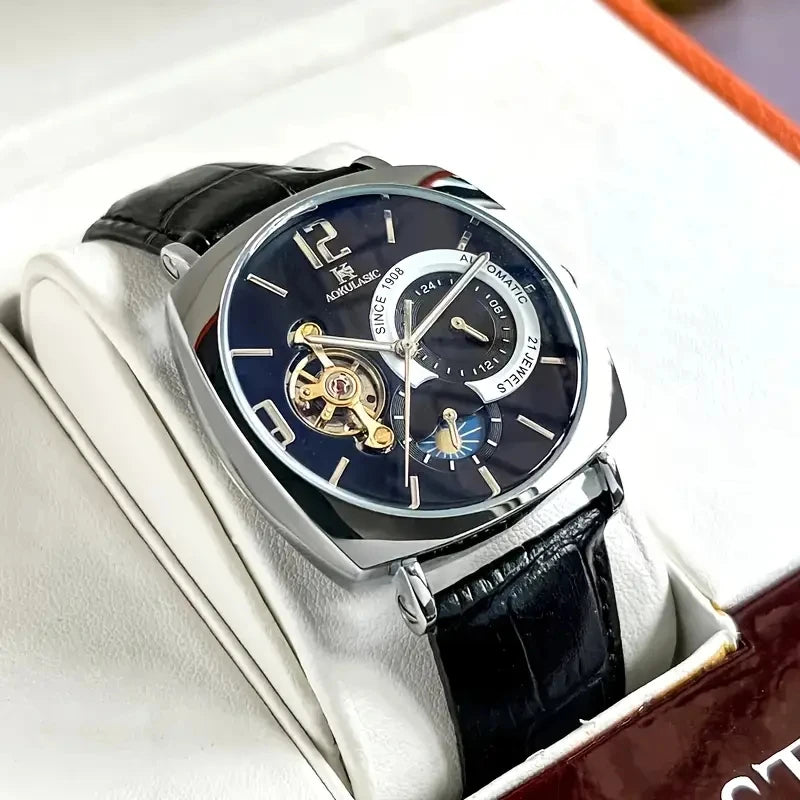 Elegant Men's Vintage Mechanical Watch with High Aesthetic Appeal - Skeleton Dial, Alloy Case, Leather Strap - Suitable for Business and Casual Wear, the Best Gift for Him, No Batteries Required
