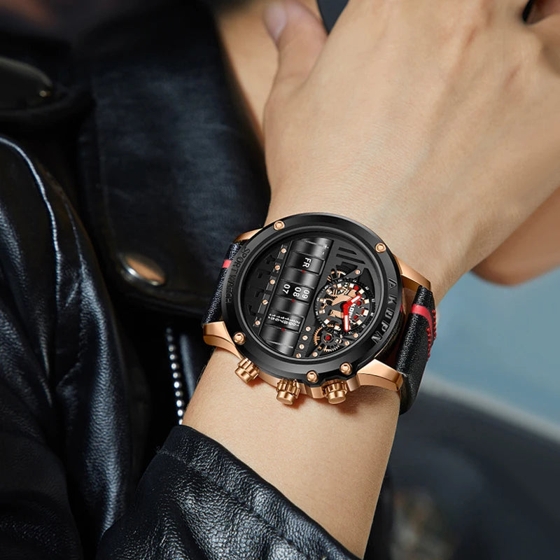 Luxury Electronic Quartz Watch For Men Business Watches Male Creative Men WristWatch Unique Rotate Date Leather Strap Watches