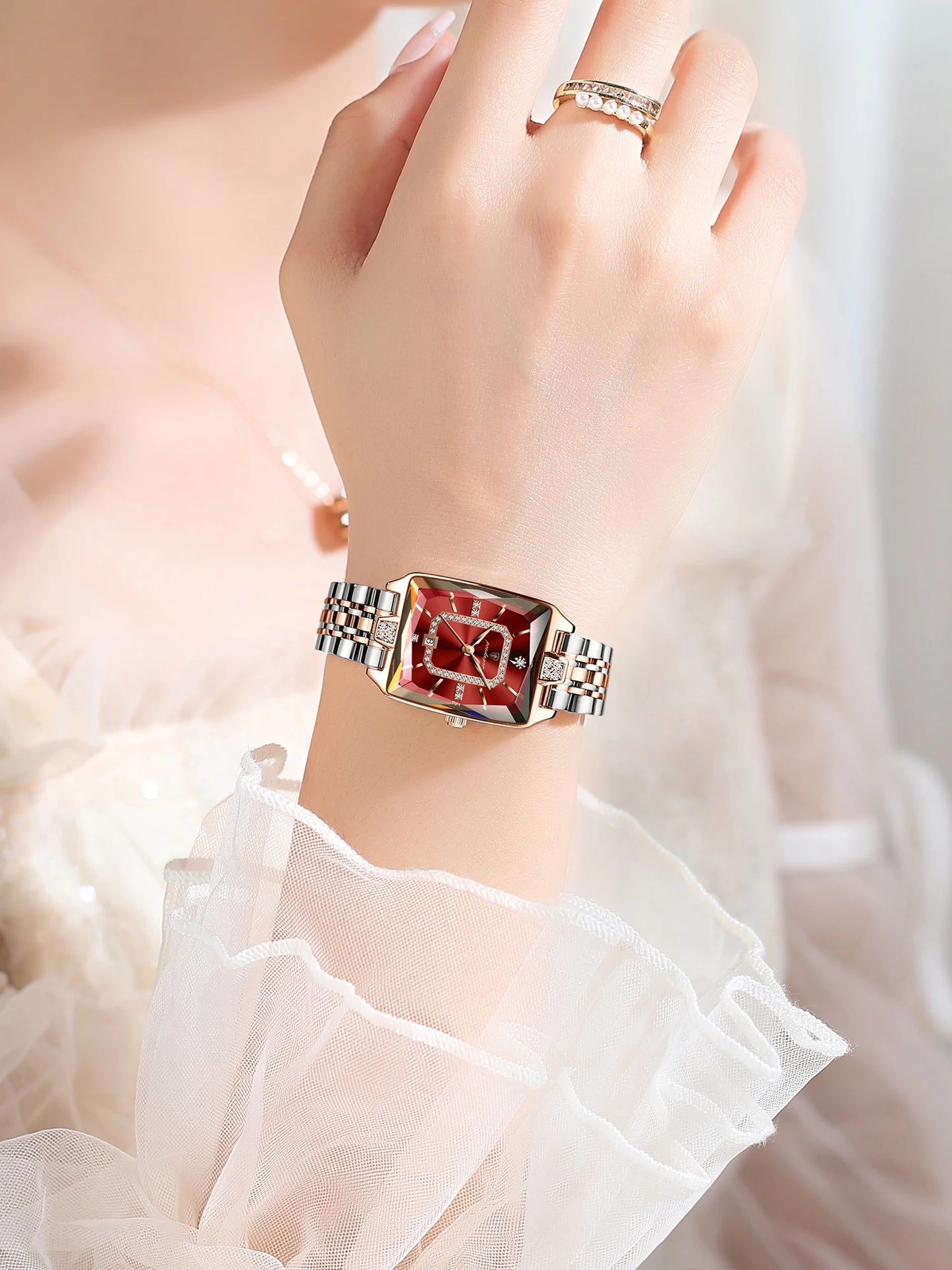 POEDAGAR Top luxury women's watch, waterproof stainless steel calendar, elegant and fashionable women's quartz square watch