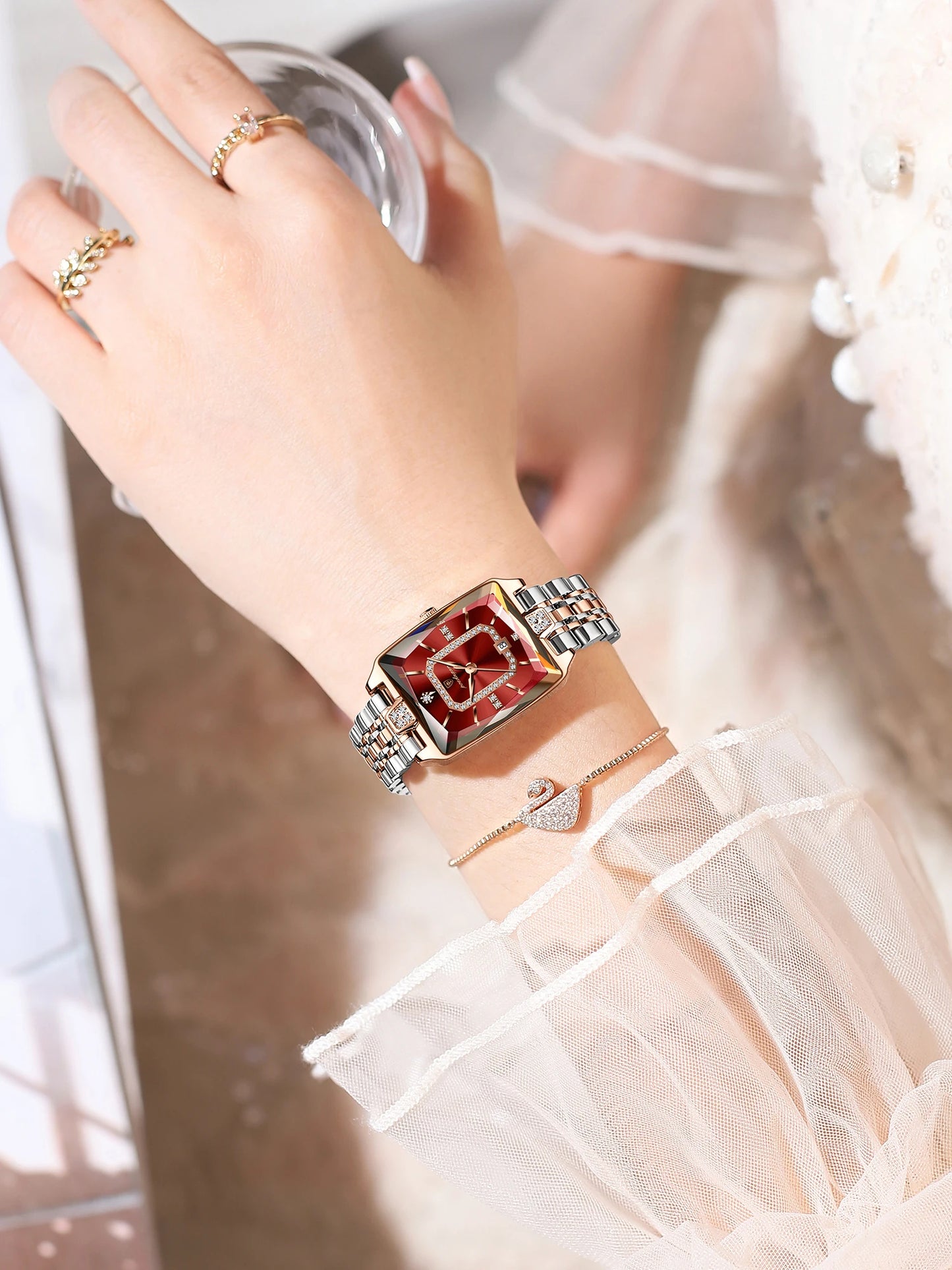 POEDAGAR Top luxury women's watch, waterproof stainless steel calendar, elegant and fashionable women's quartz square watch