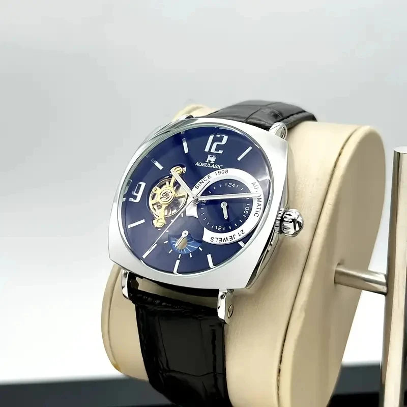 Elegant Men's Vintage Mechanical Watch with High Aesthetic Appeal - Skeleton Dial, Alloy Case, Leather Strap - Suitable for Business and Casual Wear, the Best Gift for Him, No Batteries Required